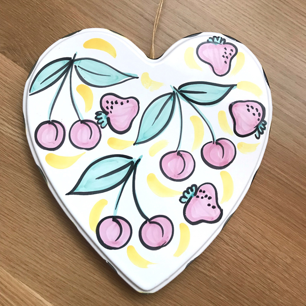 Anthropologie Handpainted Ceramic Heart & Cherries Wall Decor Made in Italy